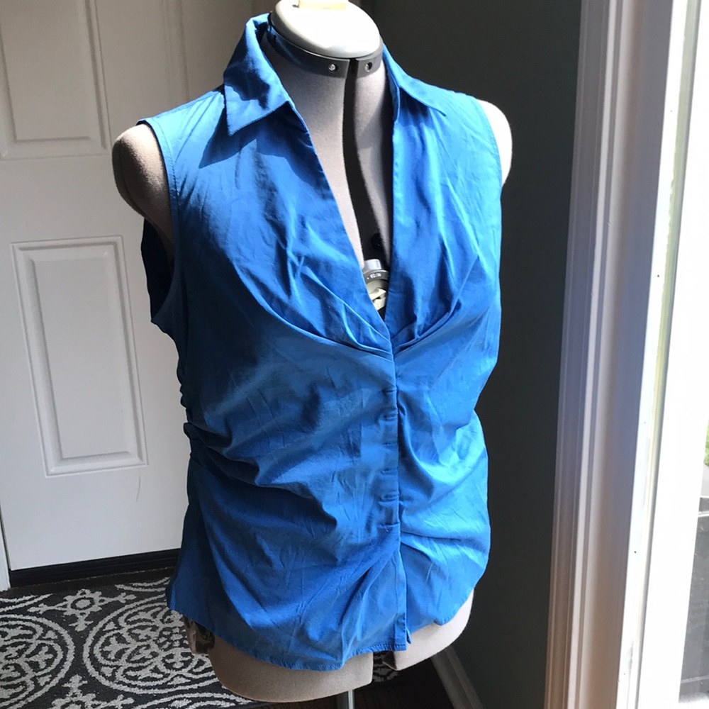 Express Blue Sleeveless ruched Blouse with collar